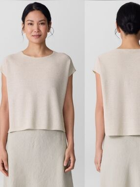 Eileen Fisher Cream Organic Linen Knit Cotton Square Boxy Fit Top Tee Shirt